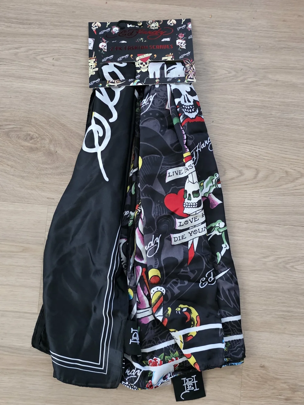 Ed Hardy black graphic Scarves 2pk with bold tattoo-inspired print
